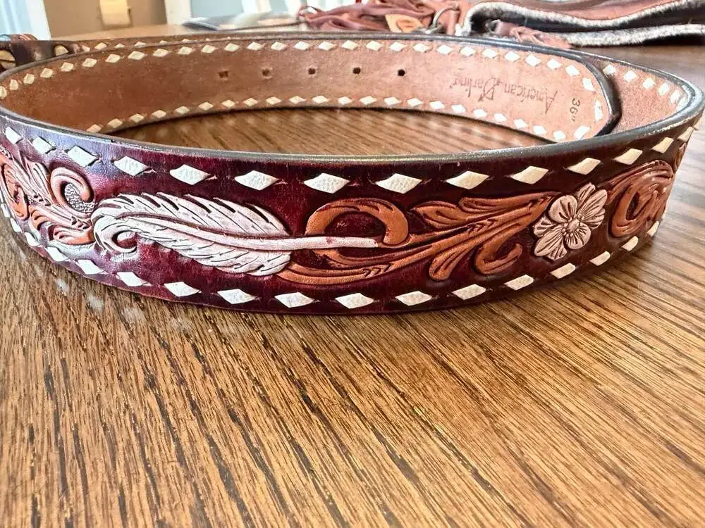 American Darling Women's Floral Tooled Leather Western Belt with Buckstitch